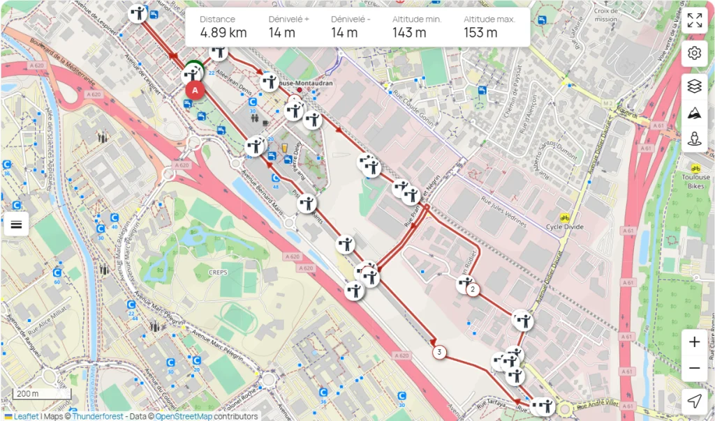 Plan du parcours de l’Ekiden de Toulouse autour de la Piste des Géants
